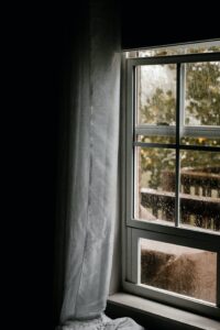 Rain falls outside a window, with the inside darkened but the outside lush with trees.