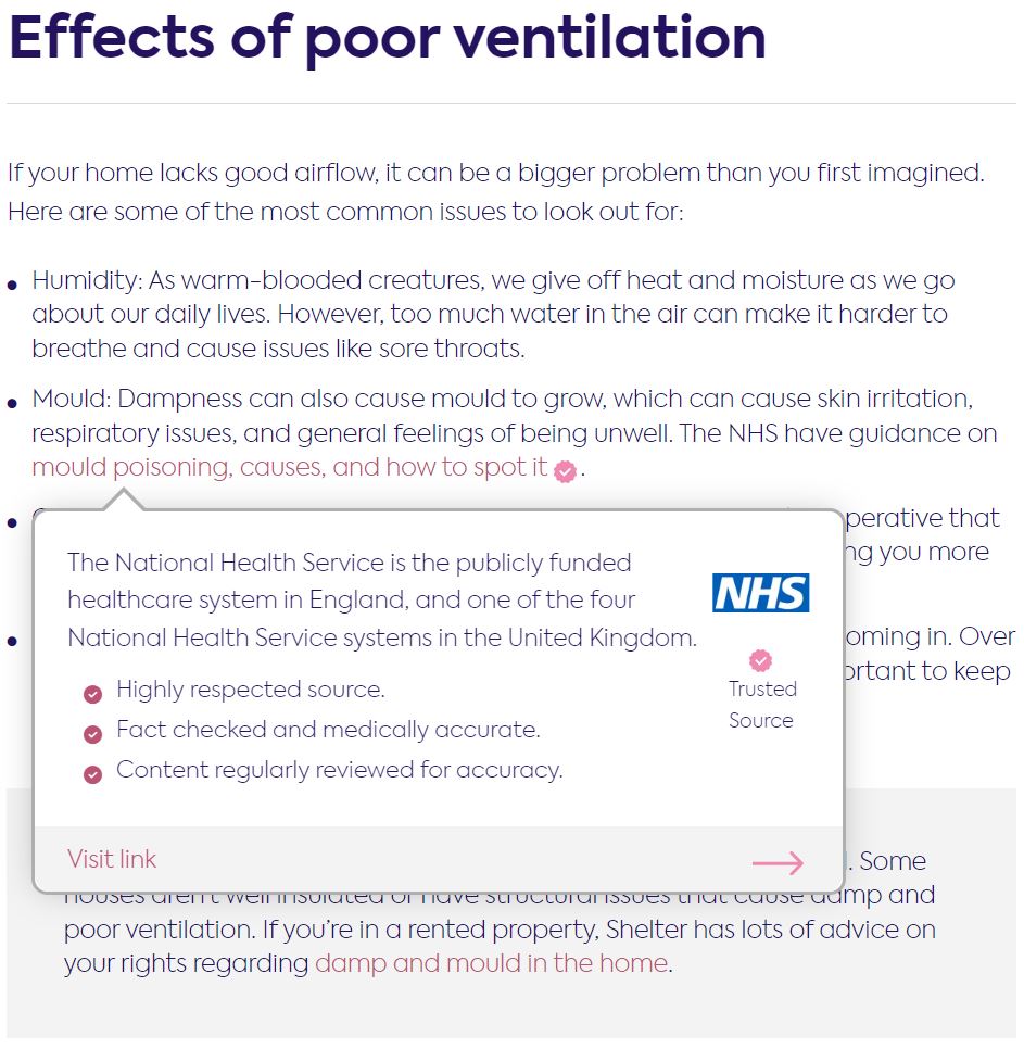 A screenshot of a Sleep Matters Club article, showing an example of how trusted sources will appear on-site.